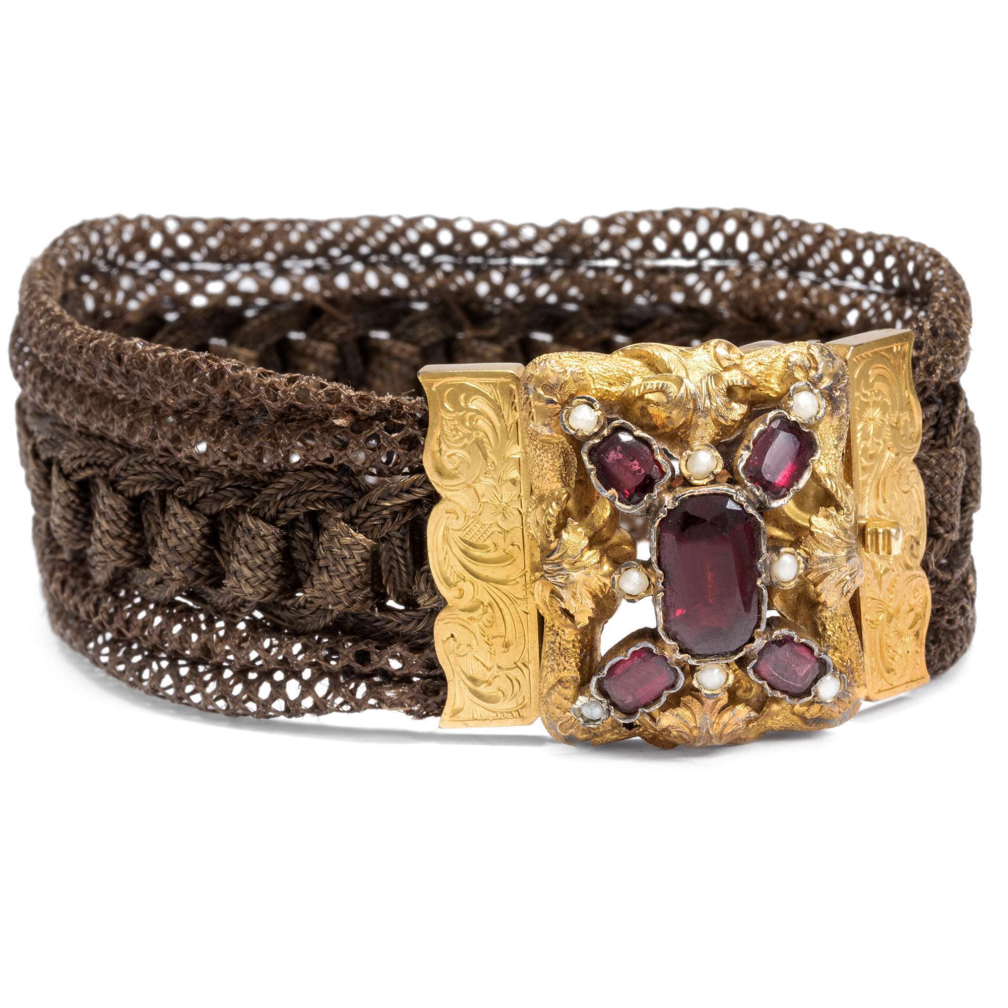 608297-hofer-antikschmuck-Antikes-Armband-aus-geflochtenem-Haar-Gold-und-Granat-um-1850-Haare-fein-wie-gesponnenes-Gold-_2