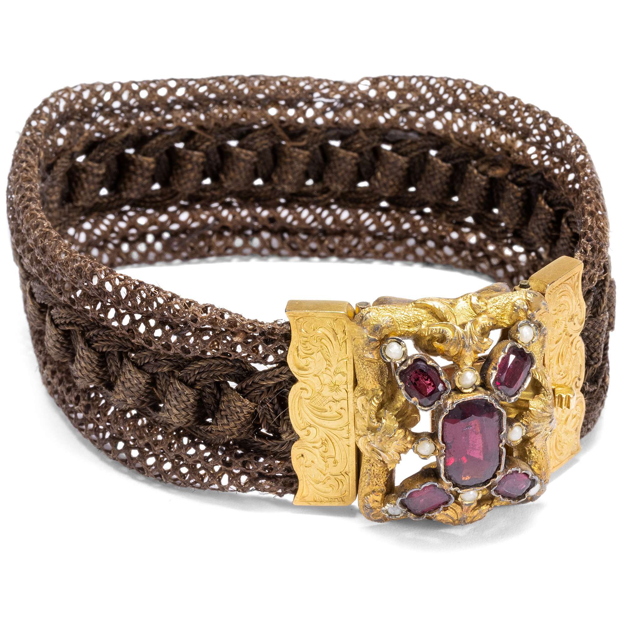608297-hofer-antikschmuck-Antikes-Armband-aus-geflochtenem-Haar-Gold-und-Granat-um-1850-Haare-fein-wie-gesponnenes-Gold-_4