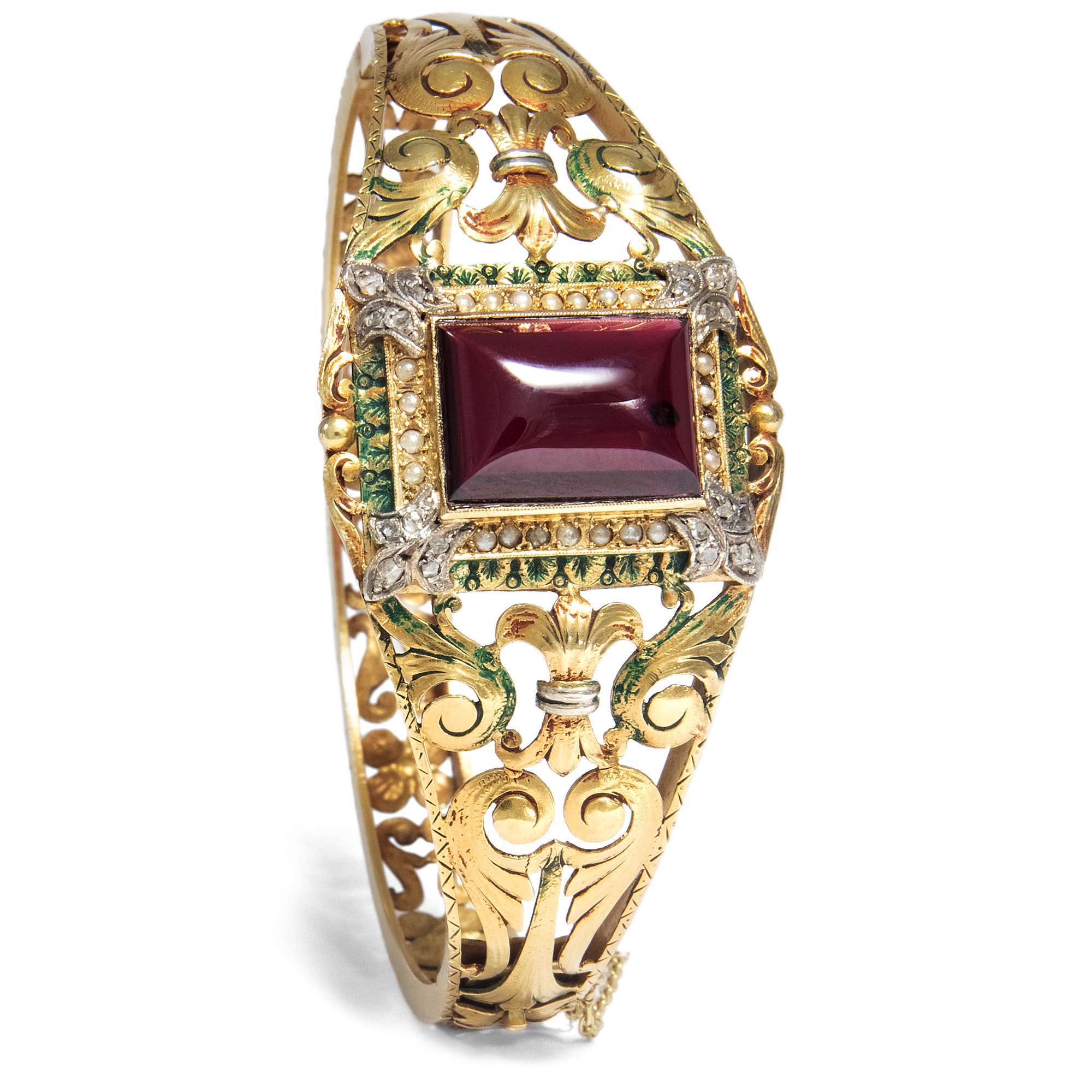 612846-hofer-antikschmuck-Prachtvoller-Gold-Armreif-mit-Granat-Perlen-und-Diamanten-um-1850-Barocke-Pracht_4