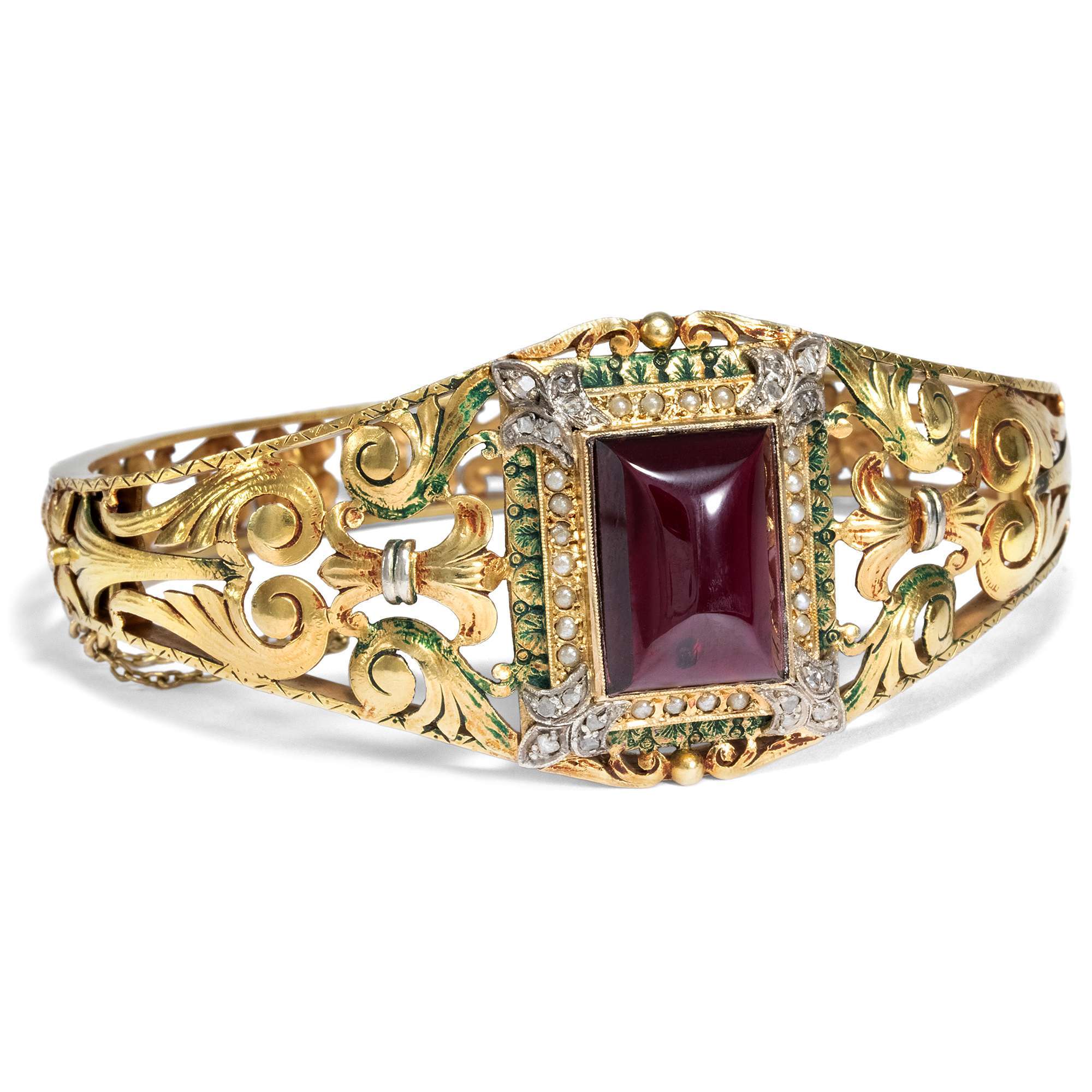 612846-hofer-antikschmuck-Prachtvoller-Gold-Armreif-mit-Granat-Perlen-und-Diamanten-um-1850-Barocke-Pracht_5