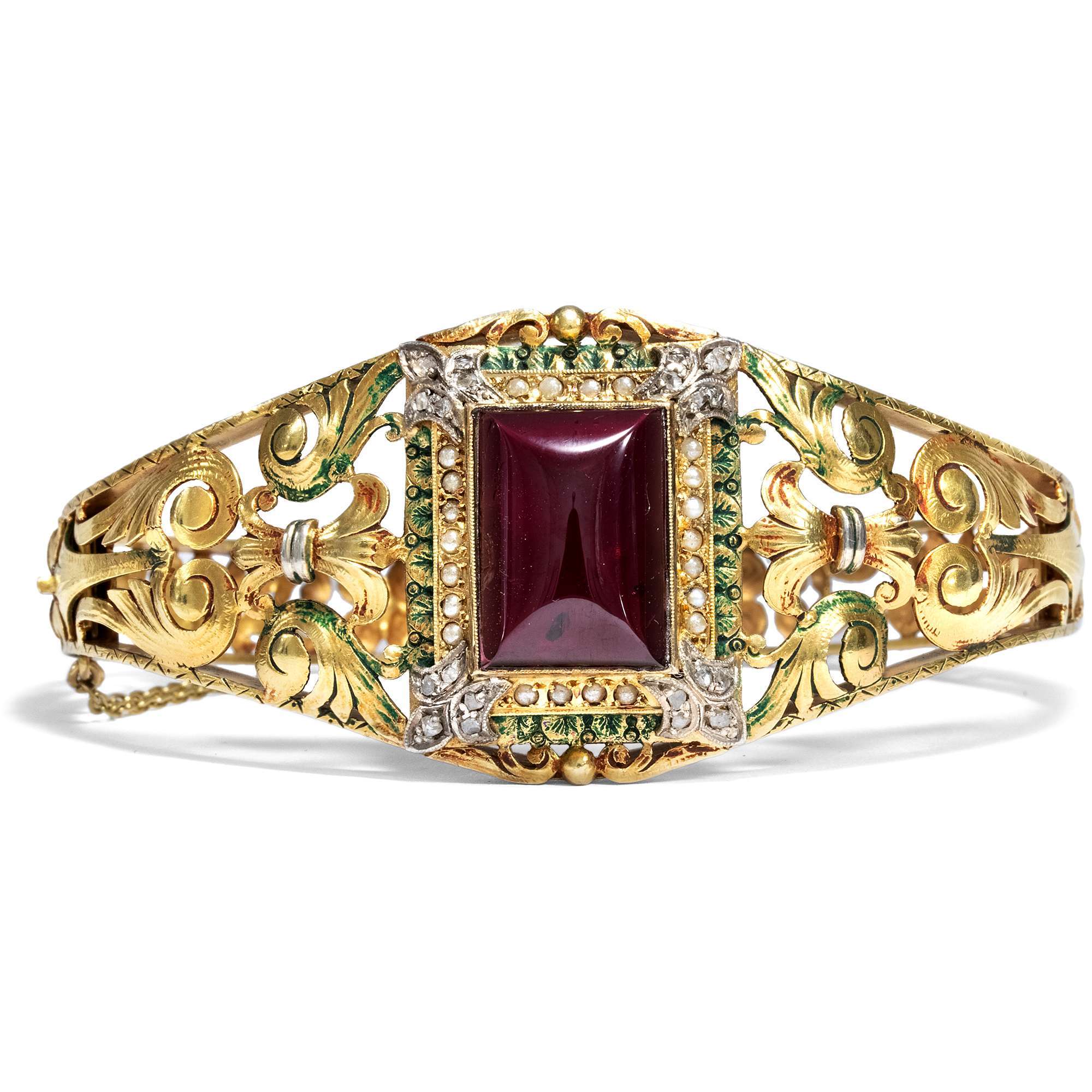 612846-hofer-antikschmuck-Prachtvoller-Gold-Armreif-mit-Granat-Perlen-und-Diamanten-um-1850-Barocke-Pracht_6