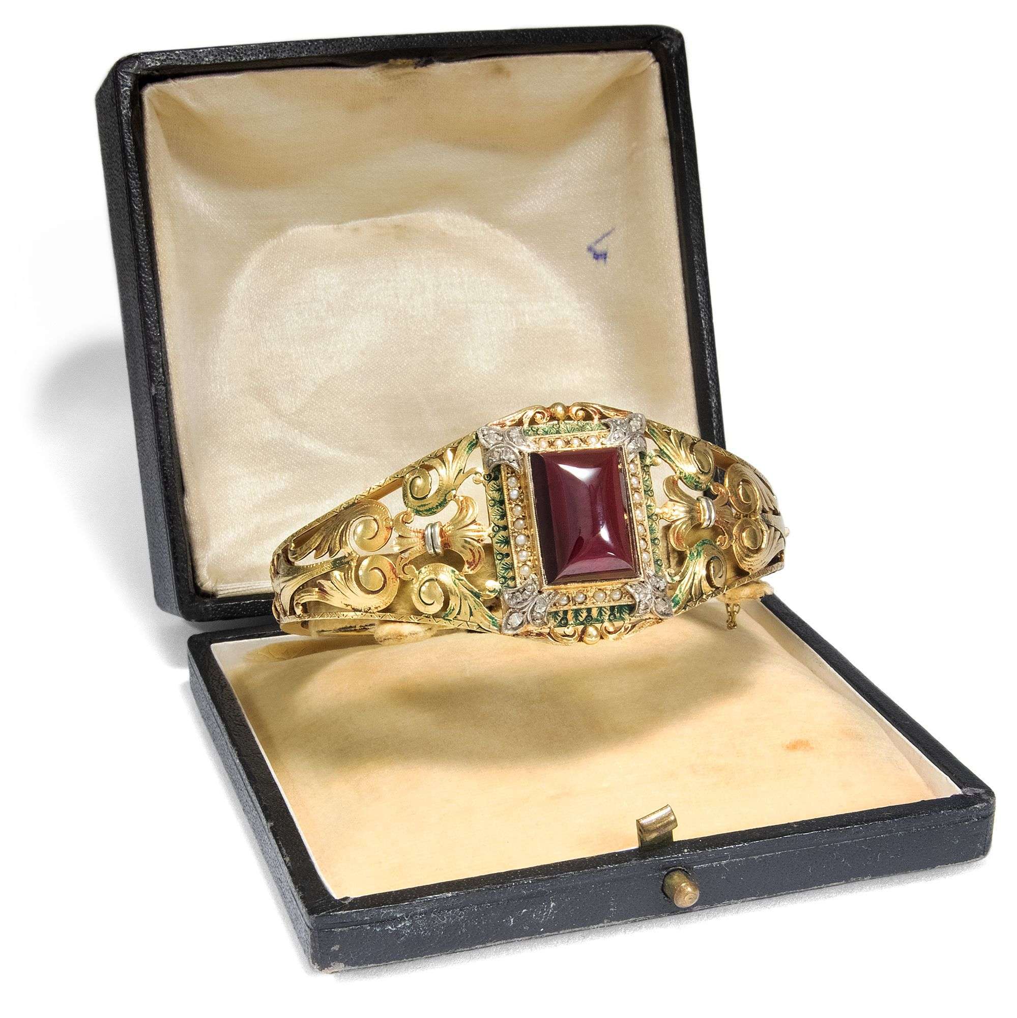 612846-hofer-antikschmuck-Prachtvoller-Gold-Armreif-mit-Granat-Perlen-und-Diamanten-um-1850-Barocke-Pracht_7