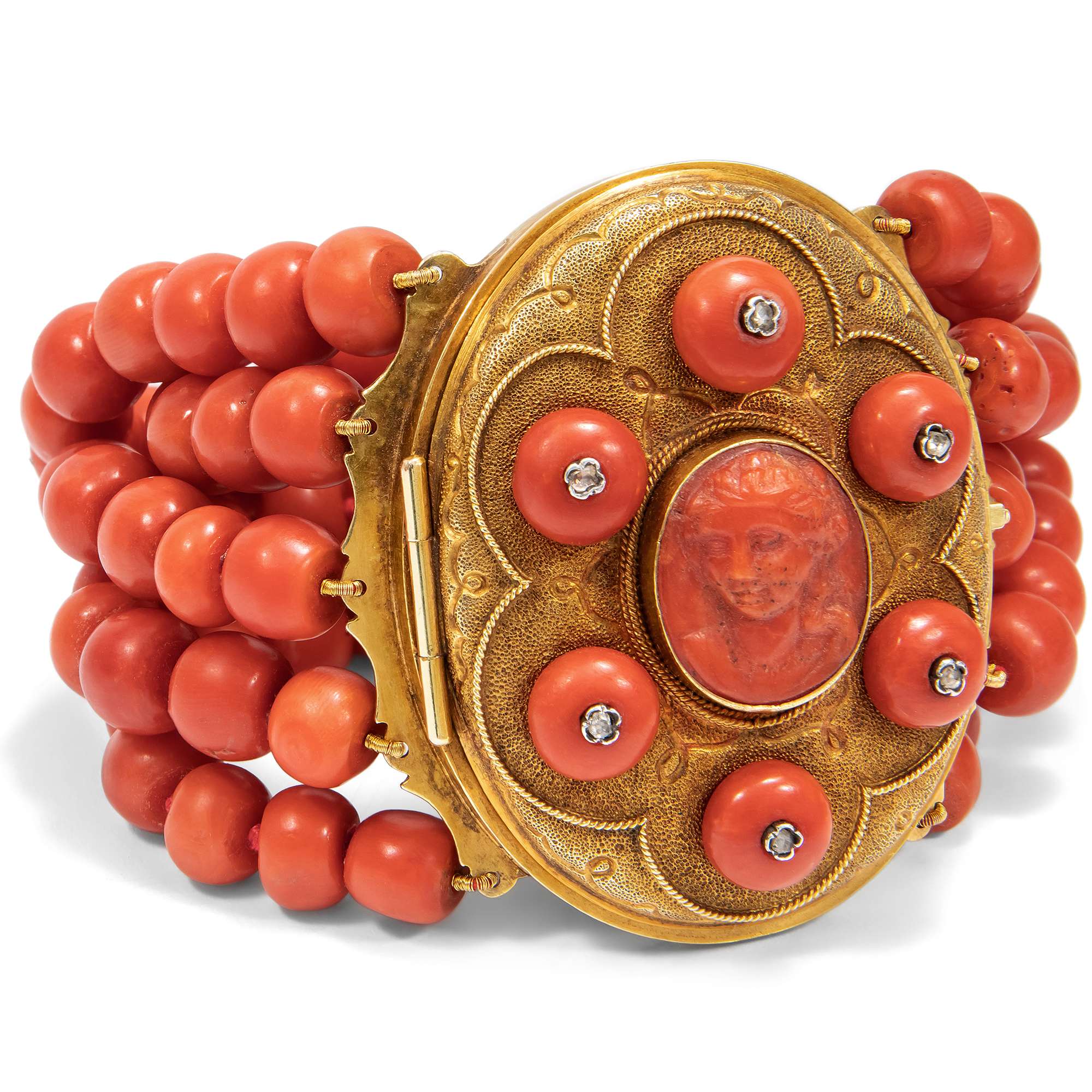 620193-hofer-antikschmuck-Eindrucksvolles-Korallen-Armband-mit-italienischer-Kamee-und-Diamanten-in-Gold-Italien-um-1860-Geheimnisvolle-Koralle