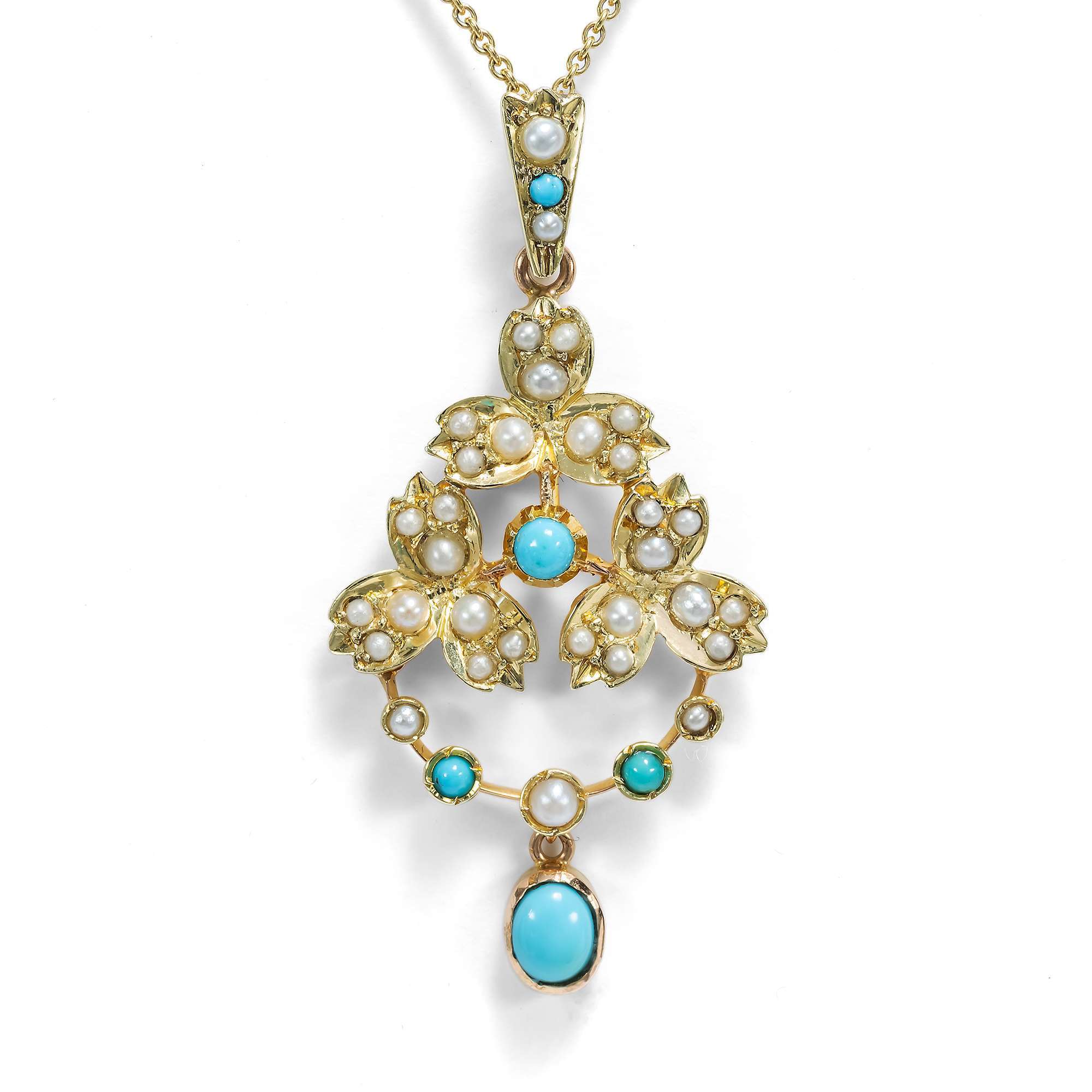 622669-hofer-antikschmuck-Floraler-Anhaenger-mit-Perlen-und-Tuerkisen-in-Gold-Grossbritannien-um-1900-Vergiss-mein-nicht