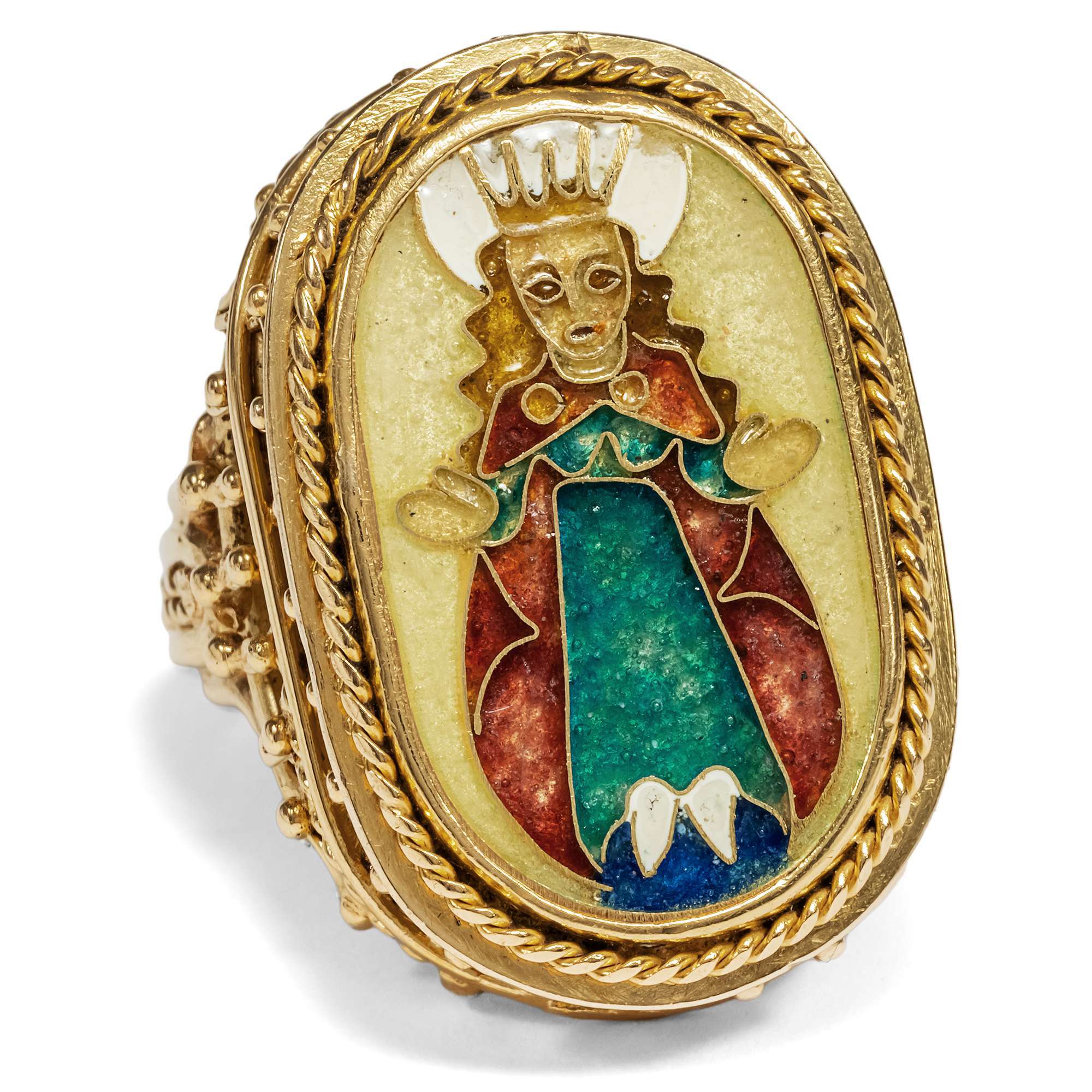 623247-hofer-antikschmuck-Grosser-Goldring-mit-Cloisonee-Email-der-Gottesmutter-um-1965-Ave-Maria