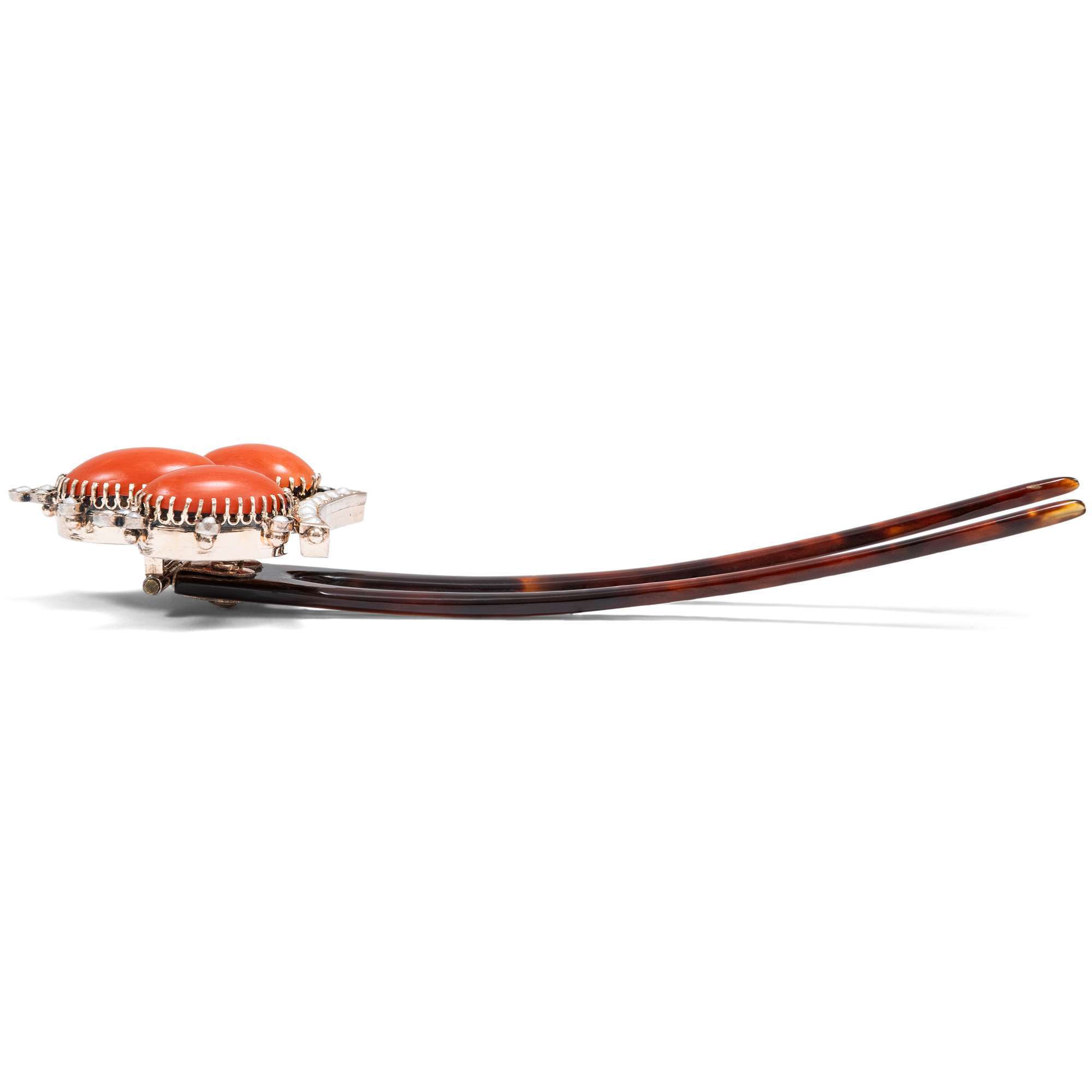 624952-hofer-antikschmuck-Antiker-Steckkamm-aus-Horn-mit-Korallen-und-Perlen-um-1880-Fuer-schoenes-Haar
