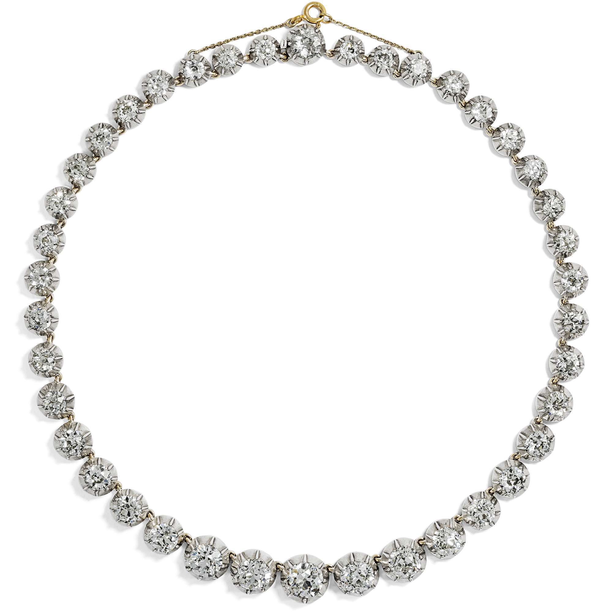 625931-hofer-antikschmuck-Prachtvolle-Riviere-mit-36-45-ct-Diamanten-im-Altschliff-in-Silber-auf-Gold-um-1895-Fluss-aus-Licht