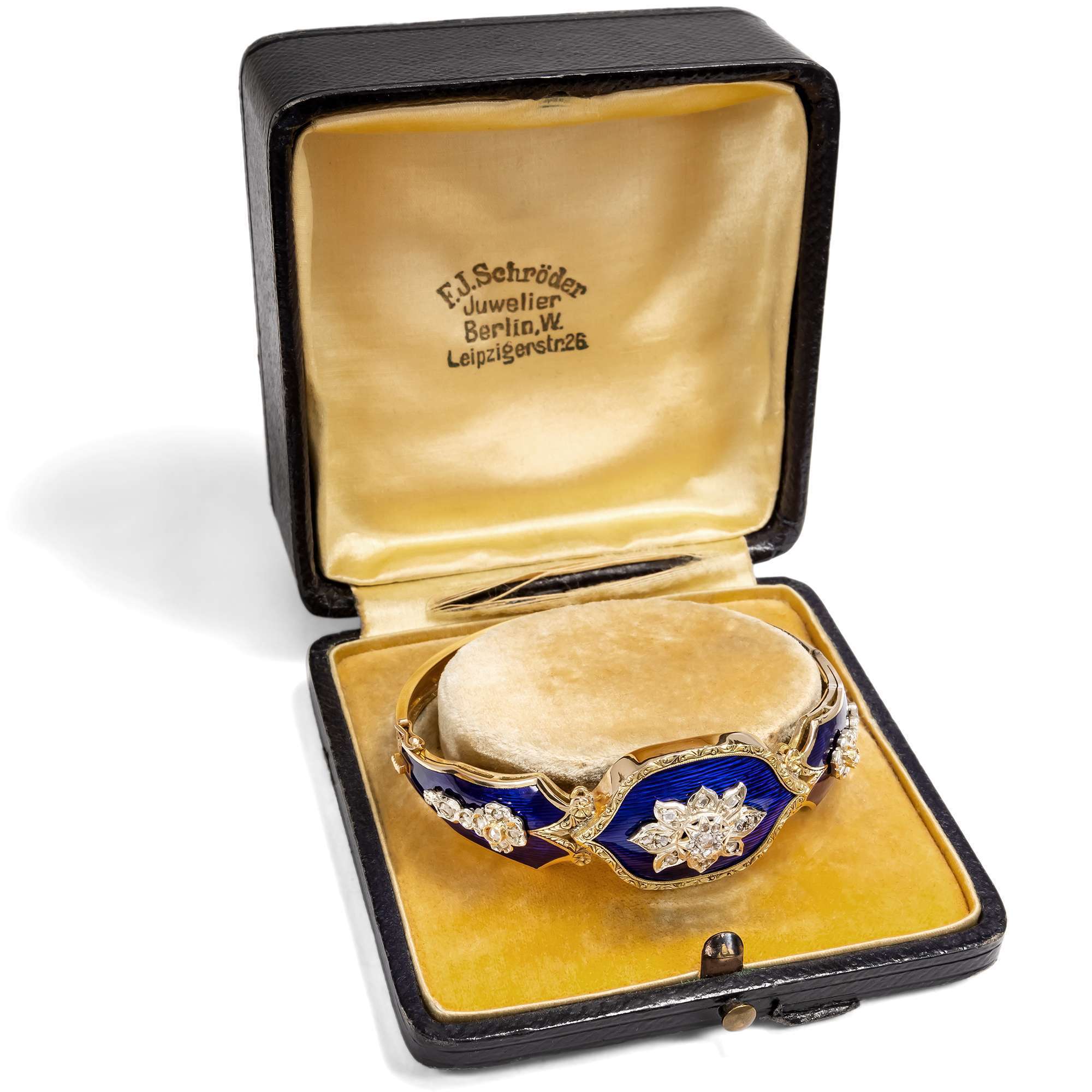 626358-hofer-antikschmuck-Prachtvoller-Armreif-mit-DIamanten-und-blauem-Email-in-Gold-um-1940-Blaue-Erinnerung