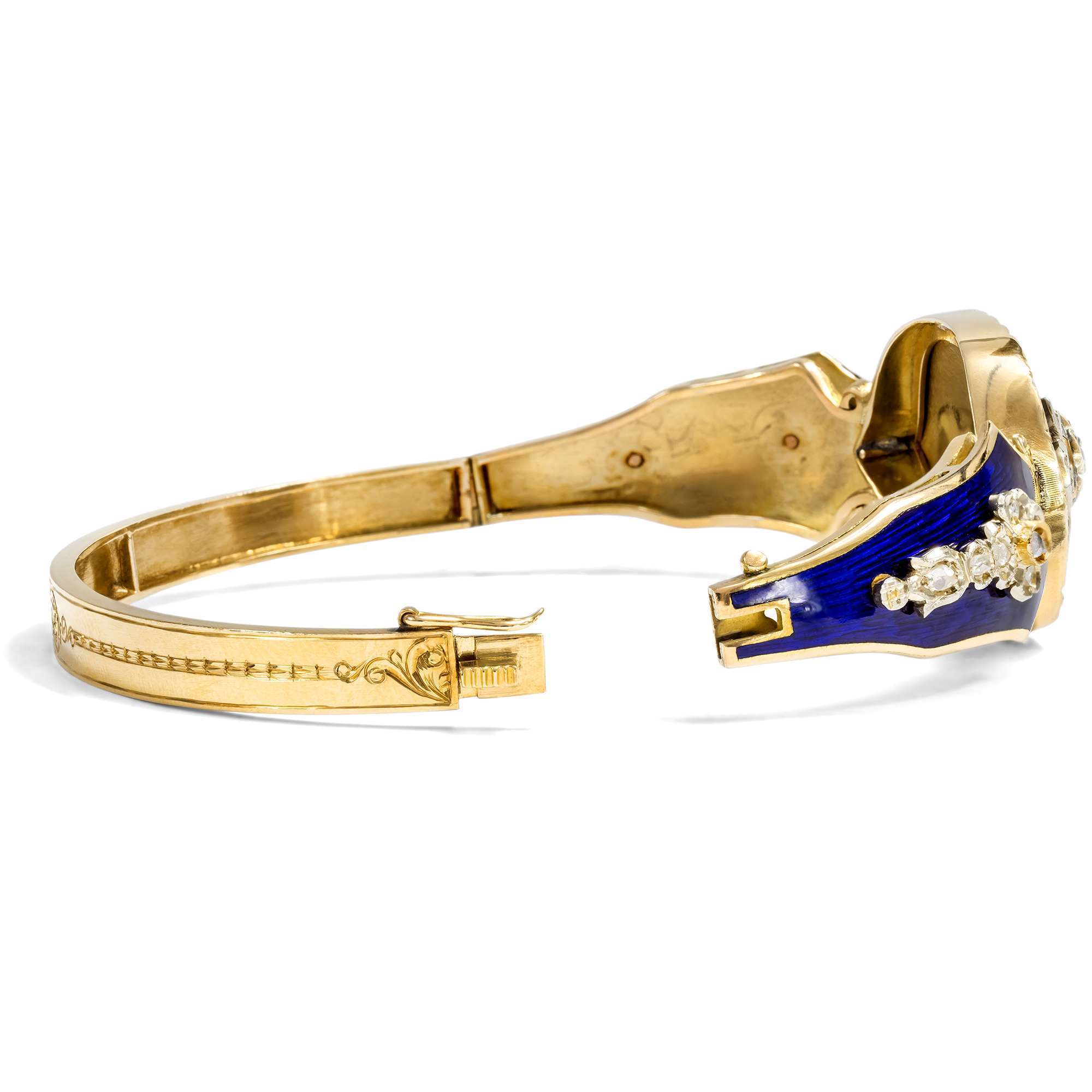 626358-hofer-antikschmuck-Prachtvoller-Armreif-mit-DIamanten-und-blauem-Email-in-Gold-um-1940-Blaue-Erinnerung_1
