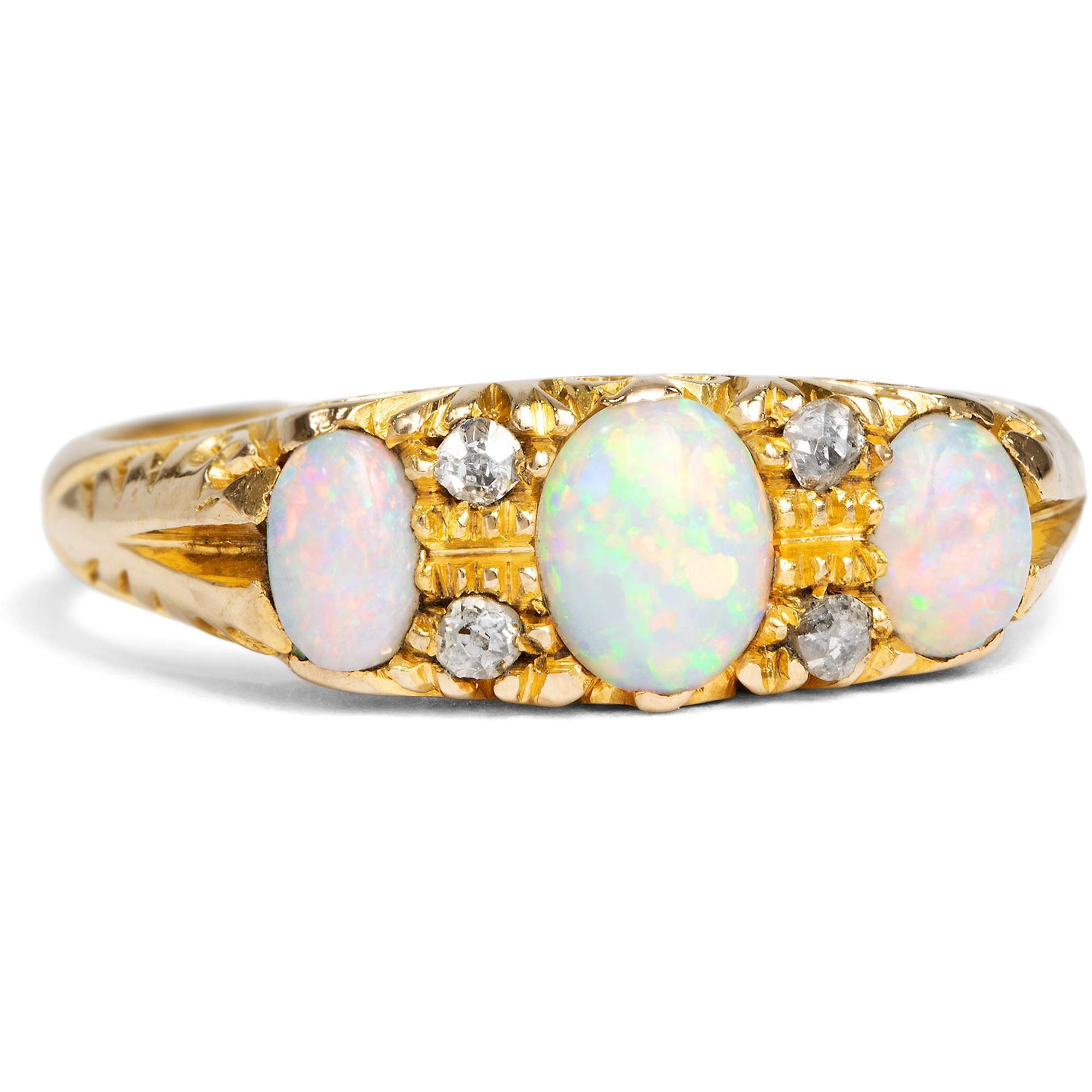 626568-hofer-antikschmuck-Antiker-Ring-mit-australischen-Opalen-und-Diamanten-in-Gold-England-datiert-1900-Schillernde-Kolonialwaren