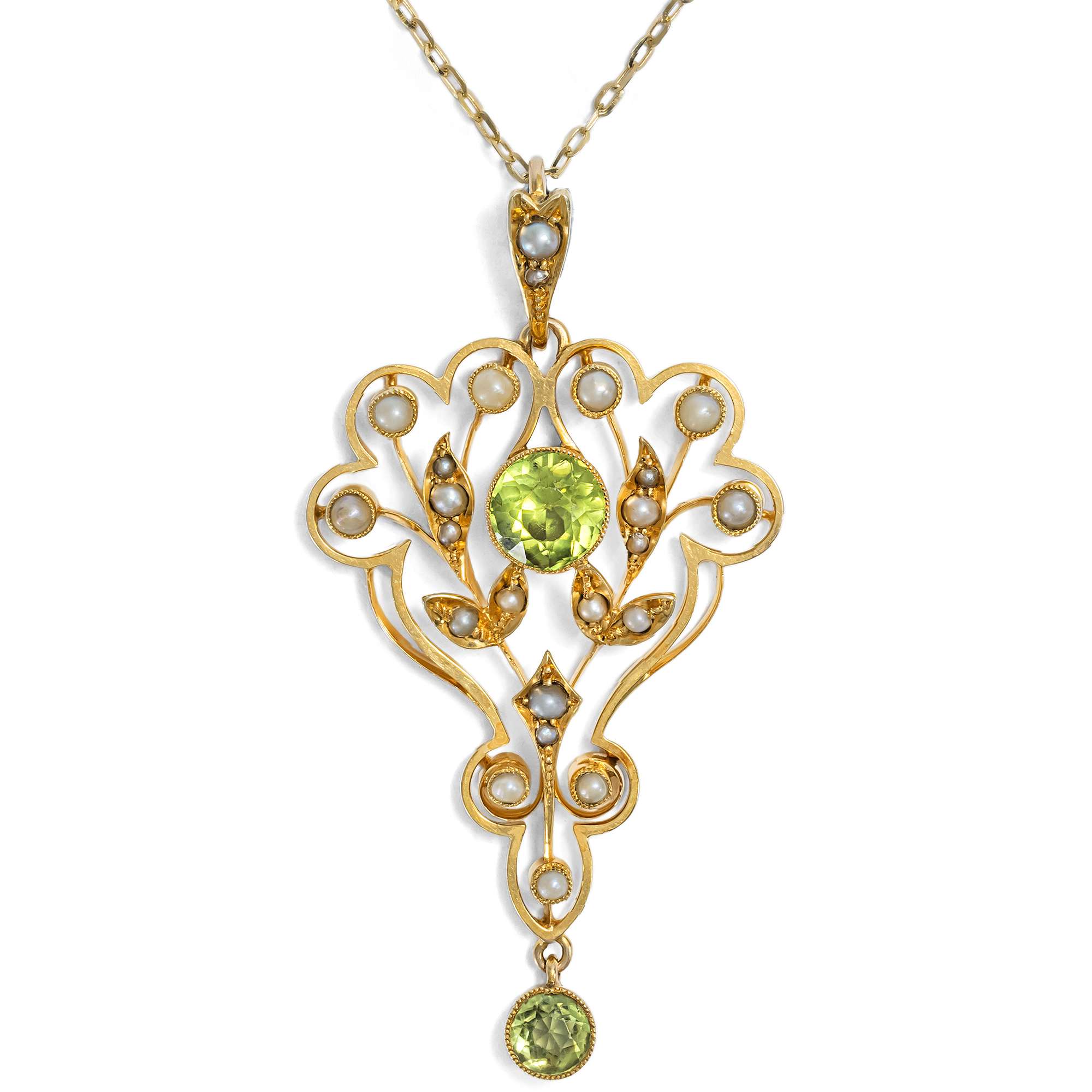 626751-hofer-antikschmuck-Eleganter-Anhaenger-mit-Peridot-und-Perlen-in-Gold-Grossbritannien-um-1910-Fruehling-in-London