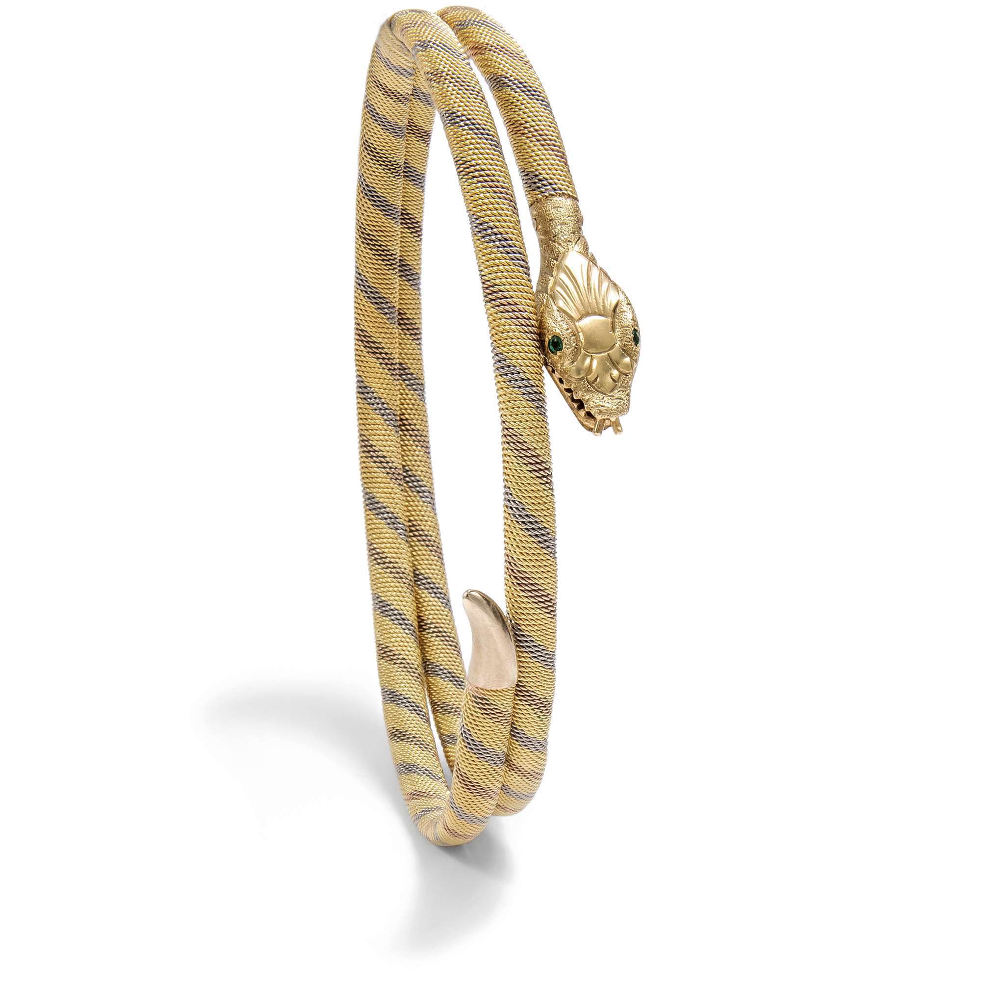 626998-hofer-antikschmuck-Antiker-Armreif-aus-Gold-aus-dreifarbigem-Gold-mit-Smaragden-um-1925-Oh-wie-verfuehrerisch