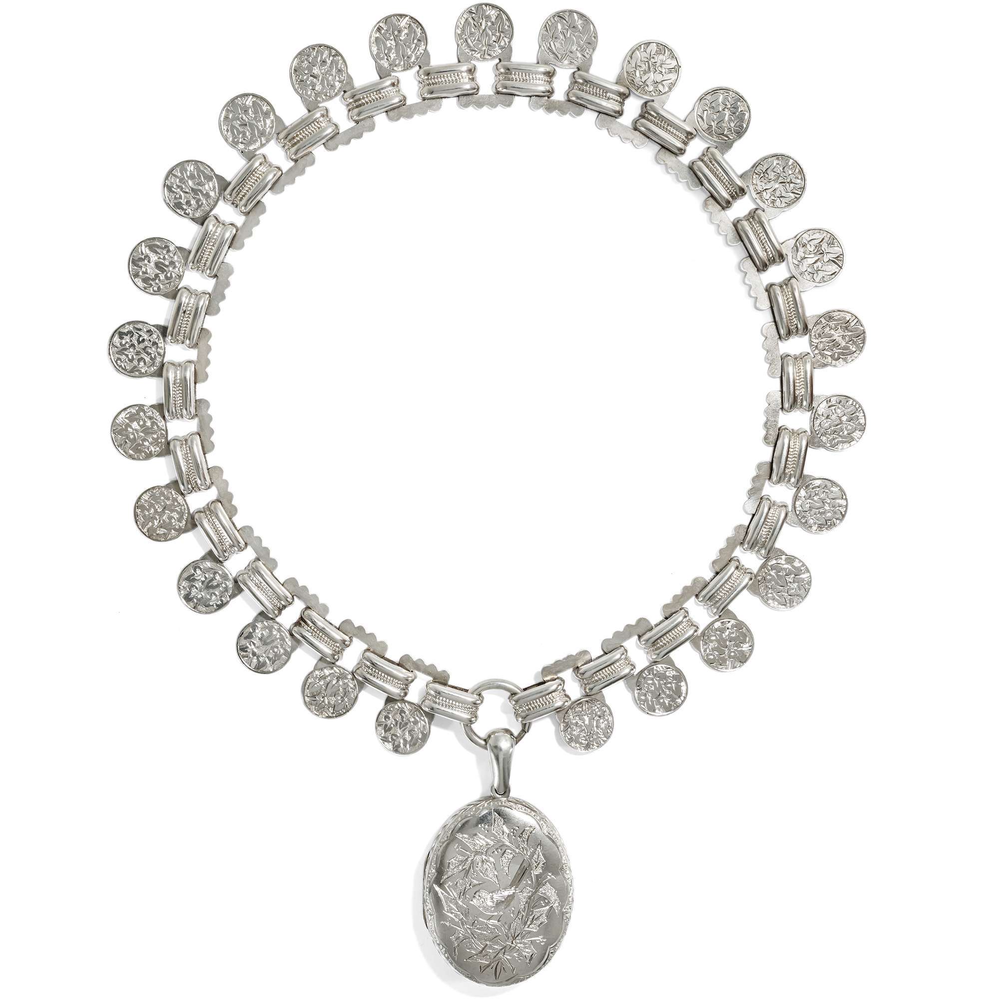 627042-hofer-antikschmuck-Prachtvolles-Aesthetic-Movement-Collier-mit-Medaillon-aus-Silber-England-um-1880-Efeu-und-Liebesvoegel_6