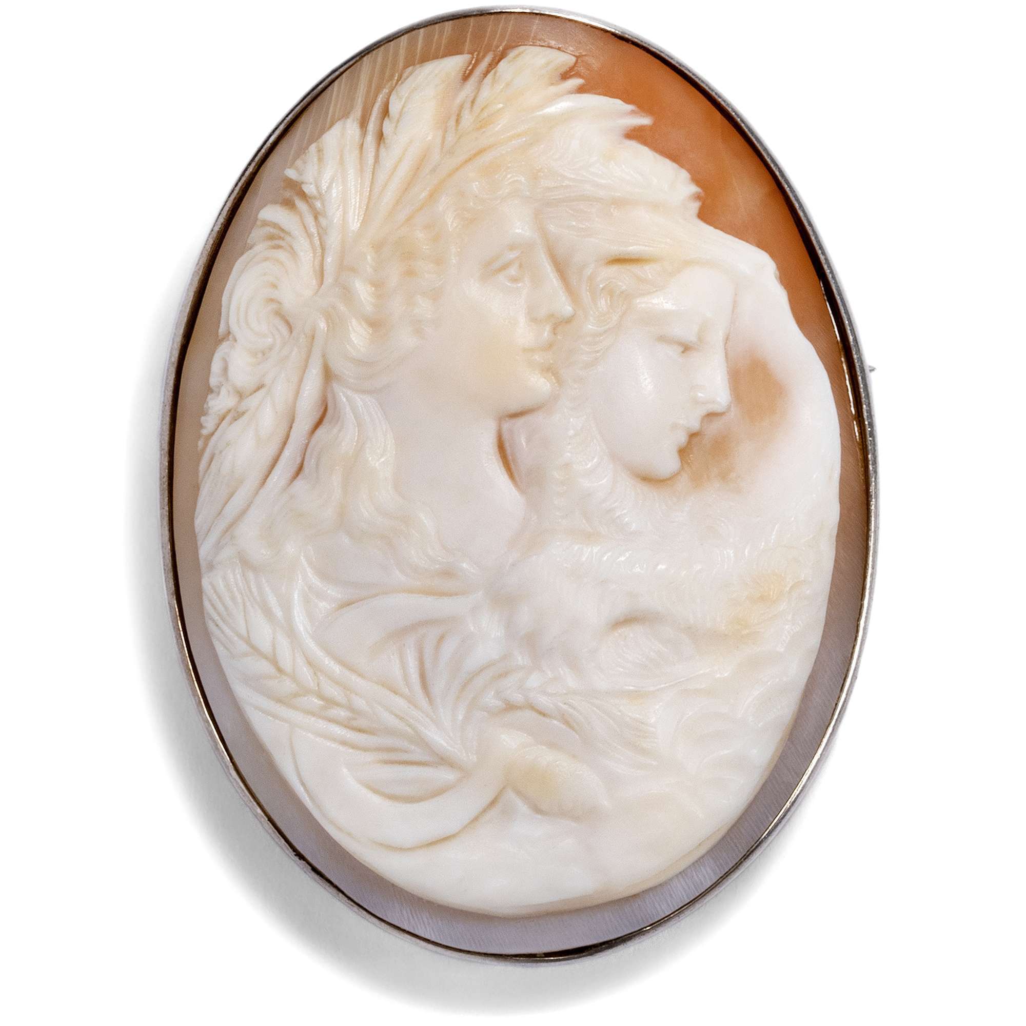 627152-hofer-antikschmuck-Seltene-Muschelkamee-der-Goettinen-Ceres-und-Omphale-als-Brosche-um-1880-und-spaeter-Zwei-starke-Frauen